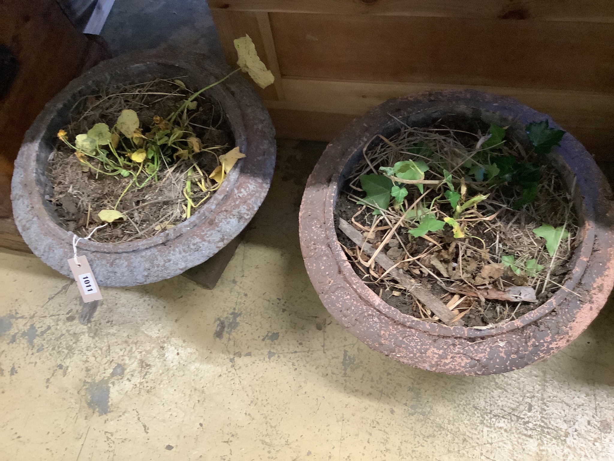 A pair of terracotta campana garden urns, diameter 44cm, height 30cm